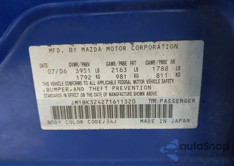 2007 Mazda Mazda3 S Grand Touring from USA, damaged, VIN JM1BK324271611320